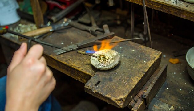 A jeweler melts metal in a small crucible using a blowtorch on a workbench