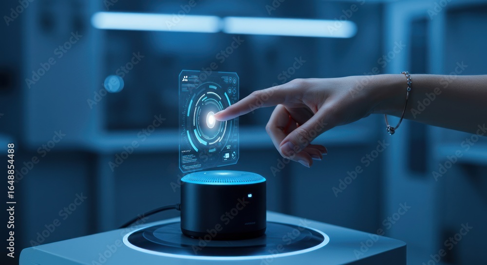 Poster hand interacting with a holographic display above a cylindrical device in a lab.