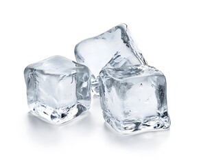 Obraz premium Three clear ice cubes stacked on white, slightly melting, perfect for summer drinks, cooling beverages, isolated on white background