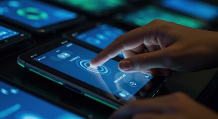 Hand touching screen of smartphone surrounded by other smartphones with similar displays.