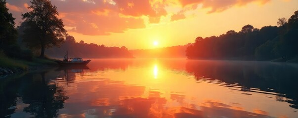 Serene waterfront scene at sunrise, calm water reflecting the golden light, tranquil atmosphere, perfect for relaxation and peaceful vibes , light, beautiful, dock