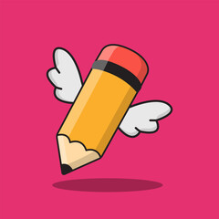 Cute Pencil Flying With Wings Cartoon Vector Illustration