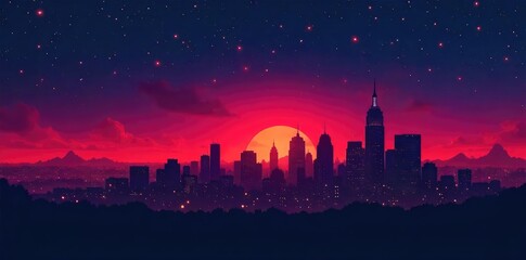 Silhouetted city skyline at night, stars twinkling, hinting at a sense of rebellion and change, perfect for concepts of revolution, uprising, and social change , rebellious, night, justice