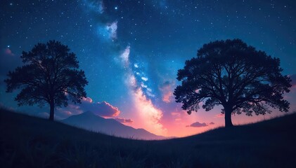 Silhouetted trees against a starlit sky, a mystical scene evoking serenity and inner peace during a tranquil night Perfect for meditation, spirituality, and nighttime themes , dark, nocturnal