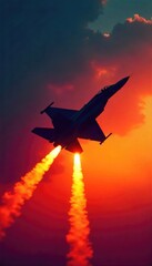 Silhouetted fighter jet soaring through a vibrant sunset, leaving a contrail in its wake A powerful image symbolizing speed, freedom, and aerial dominance , beautiful, fighter jet