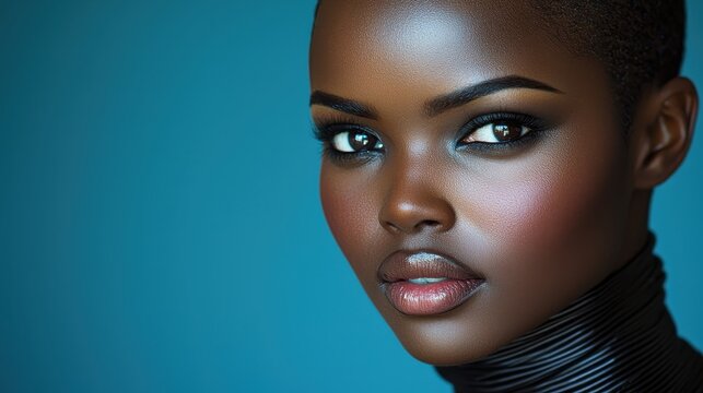 A young, ebony model with a confident stance gazes out from a side profile, her sleek, futuristic turtleneck jacket accentuating her form 