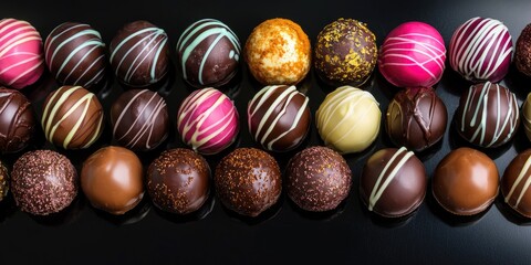 Assorted filled truffles with glossy shells and rich tones on black