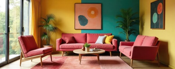 Stylish mid-century modern swing interior design, featuring vibrant colors and iconic furniture Perfect for design blogs, magazines, and home decor websites , wallpaper, side table