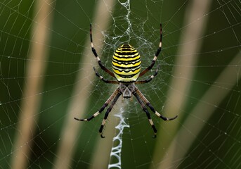 Obraz premium Closeup of a Yellow and Black Striped Garden Spider (Argiope bruennichi) in Web.