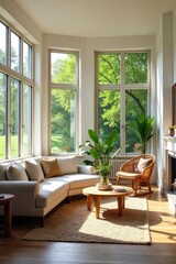 Sunlight streams into a bright, airy living room, illuminating comfortable furniture and stylish decor Large windows offer a view of lush greenery outside , elegant, rug