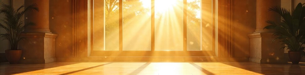 Sunlight streams through a large window, illuminating a bright and airy interior space Dust motes dance in the golden rays, creating a feeling of warmth and serenity , bright interior, serenity