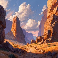 Naklejka premium Desert canyon path, golden hour sunlight, cloudscape, adventure game background