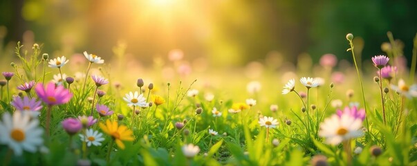 Sunlight warms a blooming meadow, gentle breeze swaying wildflowers Perfect springtime serenity, tranquil nature scene, idyllic landscape , peaceful, spring, meadow