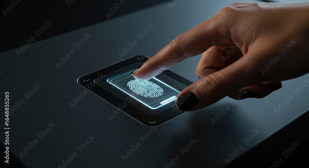 Poster finger touches a screen displaying a fingerprint on a dark surface.