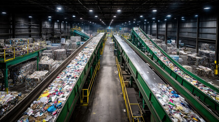 Large Recycling Facility with Conveyor Belts and Baled Materials. Ai gen.
