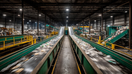 Large Recycling Facility with Conveyor Belts and Baled Materials. Ai gen.
