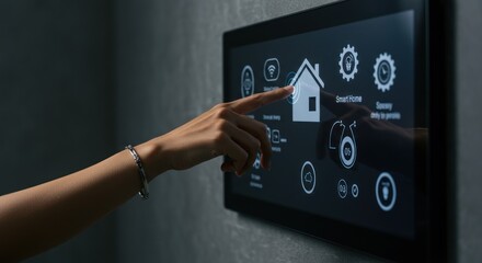 Hand touches a smart home control panel mounted on a wall.
