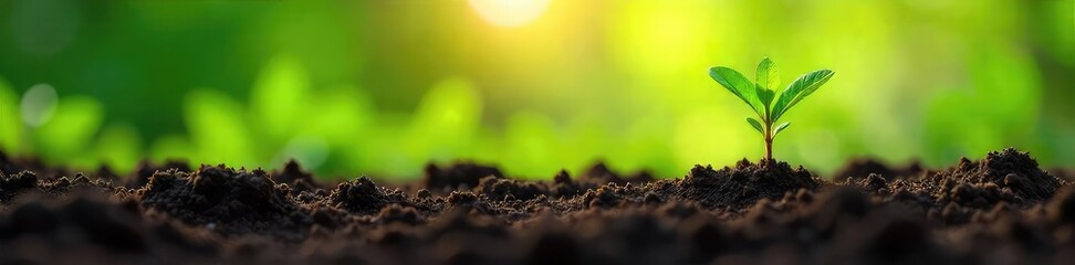 Vibrant green shoots emerge from rich soil, signifying rebirth and the promise of new life during the spring season  Sunlight streams down, illuminating the burgeoning growth , fresh, renewal, soil