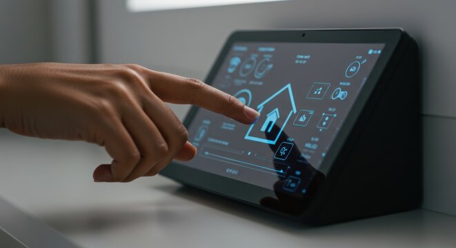 Hand touches a smart home control panel device near a window indoors. - Powered by Adobe
