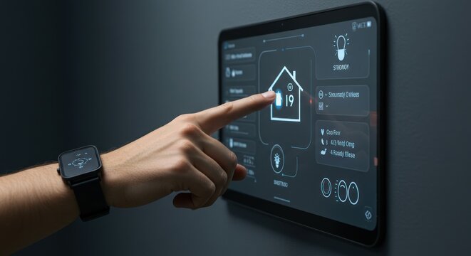 Hand interacts with smart home control panel mounted on a dark wall.