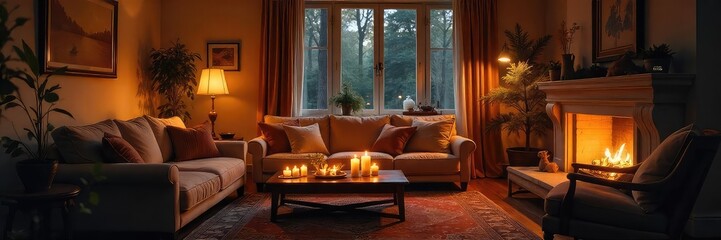 Warm, inviting living room bathed in the soft glow of candlelight  Cozy atmosphere, perfect for relaxation and tranquility  Elegant interior design details visible  ,  furniture,  warm