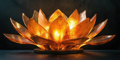 Artistic lotus sculpture glowing in rich amber hues, radiating inner light