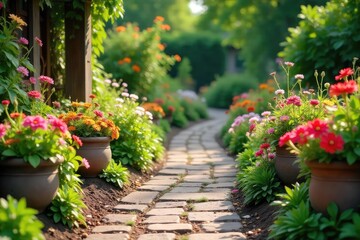 Winding garden path adorned with charming, rustic flowerpots, overflowing with colorful blooms and lush greenery, creating a picturesque walkway , flowerpots, brick path