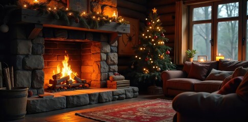 Warm, inviting glow of a fireplace radiating heat, creating a cozy and comfortable atmosphere in a rustic living room Perfect for winter, holiday, or home comfort themes , logs, background, shadow