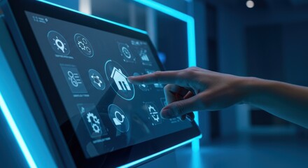 Hand touching a touch screen with smart home control icons in blue light.