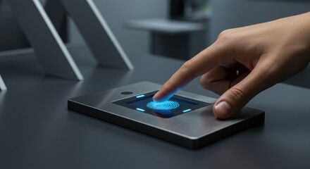 Finger presses a blue button on a metallic device on a dark surface.
