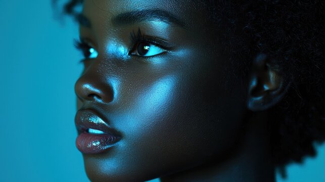 A young, ebony model with a confident stance gazes out from a side profile, her sleek, futuristic turtleneck jacket accentuating her form 