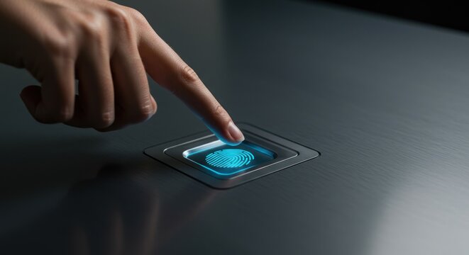 Hand presses a glowing blue button on a dark gray smooth surface.