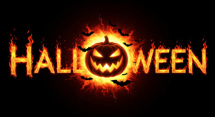 Halloween Celebration, Spooky Pumpkin, Festive Night, Digital Image, Dark Background, Close-Up, Fiery Atmosphere