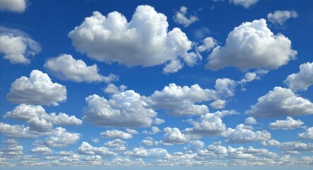 A vast expanse of a vibrant blue sky dotted with fluffy white cumulus clouds