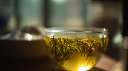 Fototapeta premium A clear glass cup filled with vibrant green tea leaves partially unfurled, glowing at the bottom,