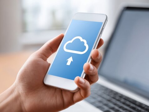 Hand holding smartphone displaying cloud upload icon, in front of a laptop computer, suggesting data transfer.