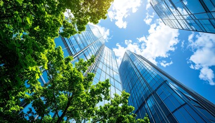 Summer sky in the city with green trees and shiny glass exterior walls in harmony