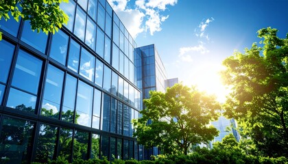 Summer sky in the city with green trees and shiny glass exterior walls in harmony