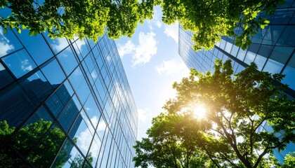 Summer sky in the city with green trees and shiny glass exterior walls in harmony