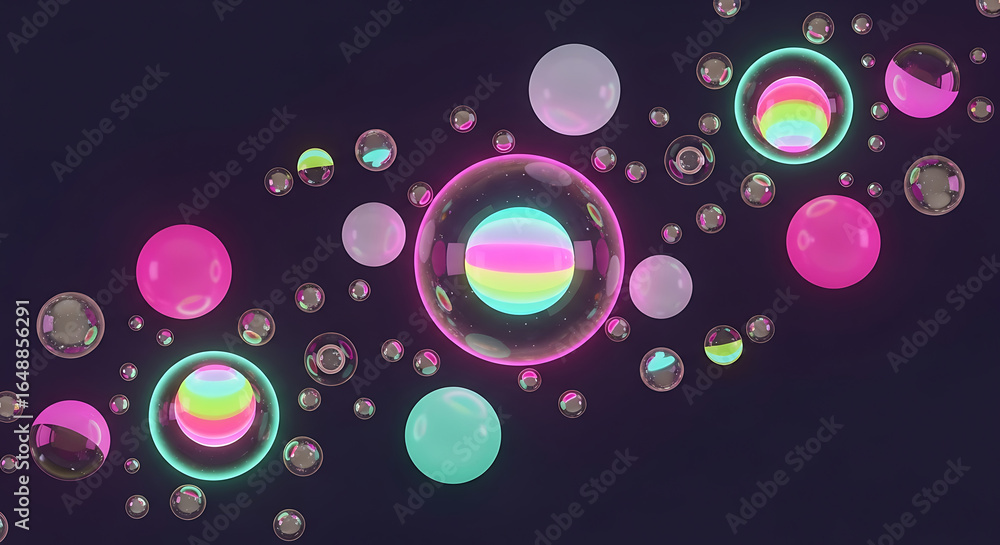 Aufkleber a vibrant display of colorful spheres and bubbles floating against a dark background in a digital re