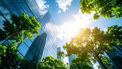 Summer sky in the city with green trees and shiny glass exterior walls in harmony