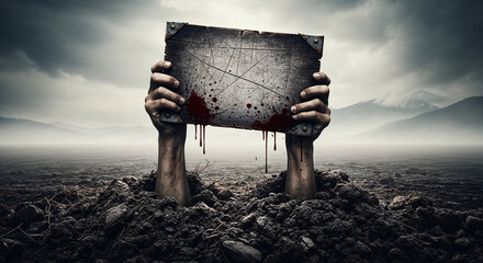 Bloodied Hands Holding a Sign in a Spooky Landscape