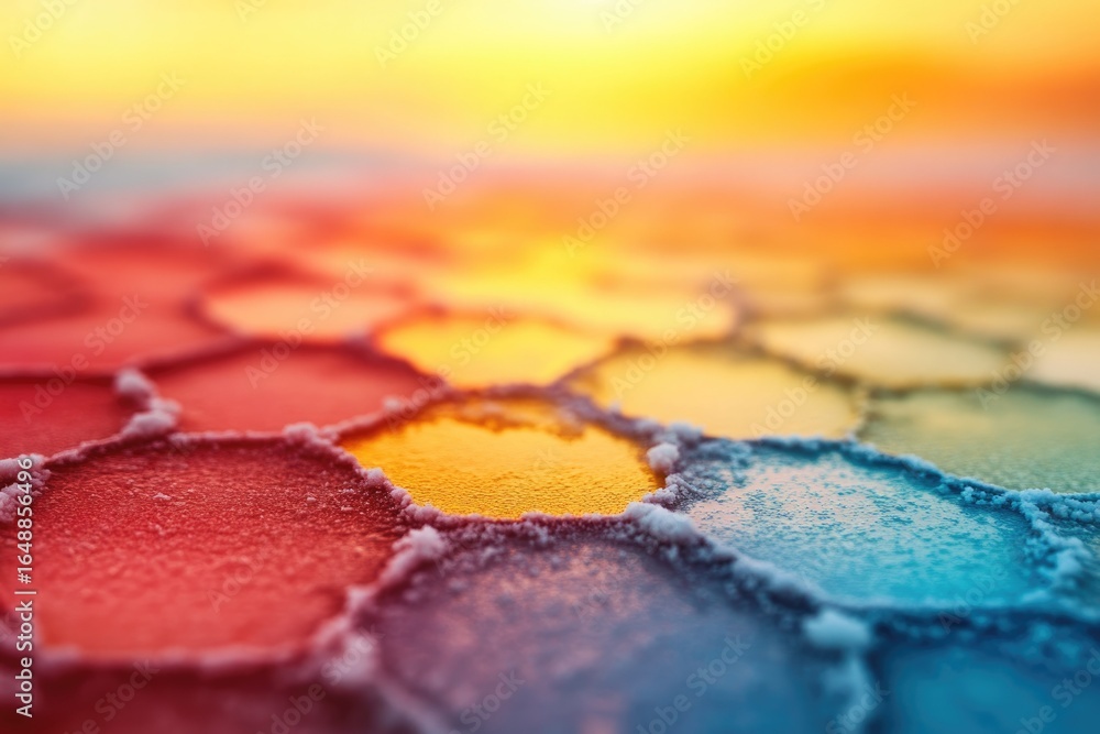 Poster close-up of frost-covered hexagonal patterns reflecting a vibrant sunset.