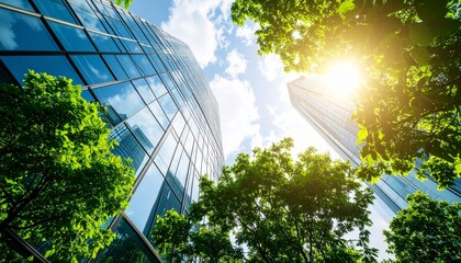 Summer sky in the city with green trees and shiny glass exterior walls in harmony