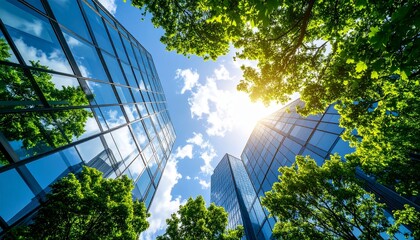 Summer sky in the city with green trees and shiny glass exterior walls in harmony