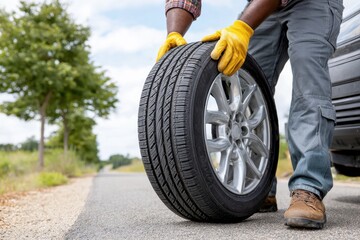 Fototapeta premium Person wearing yellow gloves holding a car tire on a roadside, ready to change a flat tire on the side of the road.