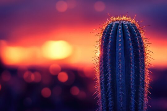A majestic cactus silhouetted against a vibrant sunset, showcasing the beauty of desert nature. - Powered by Adobe