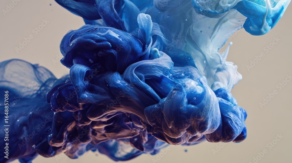 Poster abstract blue ink swirling in water, creating a dynamic and artistic visual effect with vibrant colo