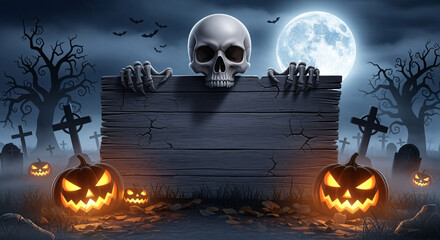 Fototapeta premium Halloween Banner with Pumpkins and Moonlit Background