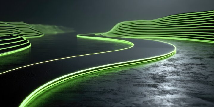 Abstract futuristic landscape with glowing green pathways